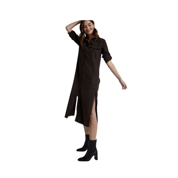 Cloth & Stone Midi Shirt Dress Frayed Hem Pockets Button Up Long Sleeve Black S - Picture 4 of 15